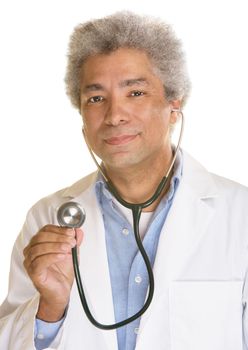 Grinning doctor with stethoscope on white background