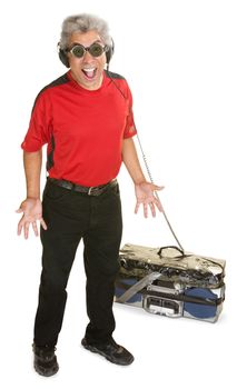 Excited Black man with old portable tape deck and headphones
