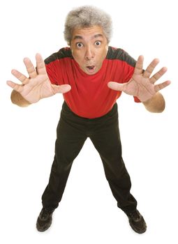Excited man leaning with hands reaching out