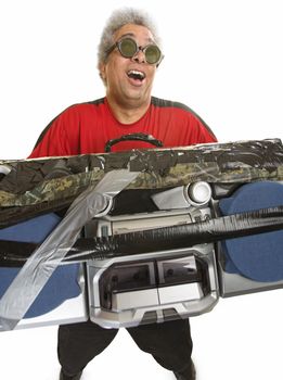 Happy Latino man holding old ghetto blaster