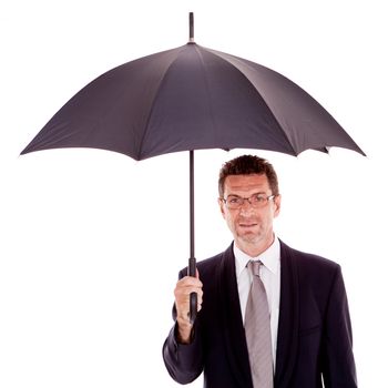 mature attractive business man with umbrella isolated on white