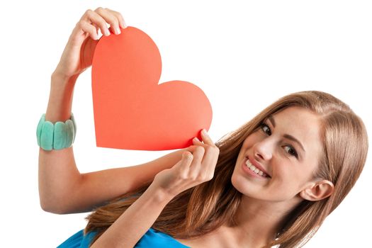 smiling young woman and red heart card copyspace valentines day love isolated