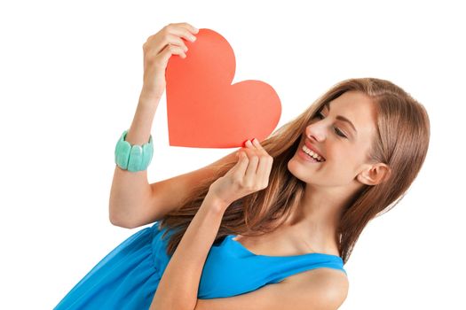 smiling young woman and red heart card copyspace valentines day love isolated