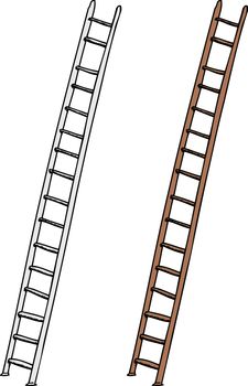 Aluminum and wooden ladders on isolated white background