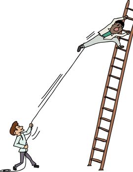 Jealous man pulling another man climbing up a ladder
