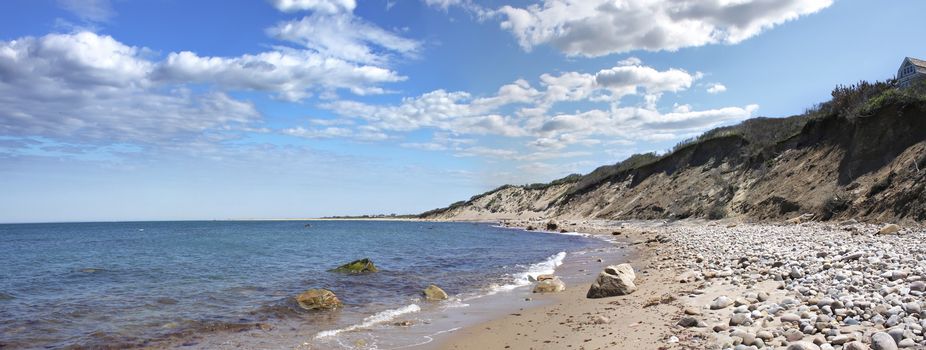 View of the dunes and coast Block Island located in the state of Rhode Island USA.