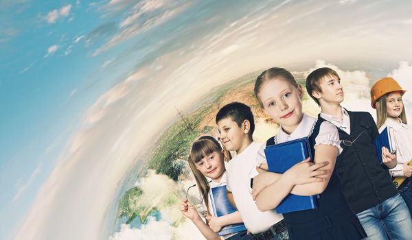 Image of kids of school age. Choosing profession. Elements of this image are furnished by NASA