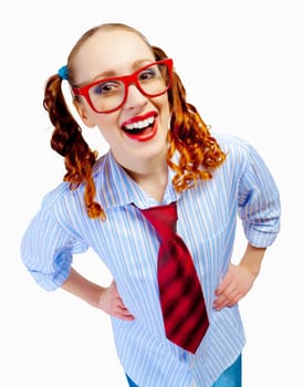 Teenager girl with pigtails in red glasses