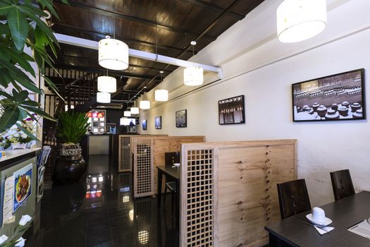 Horizontal shot of the interior of a Korean Restaurant.