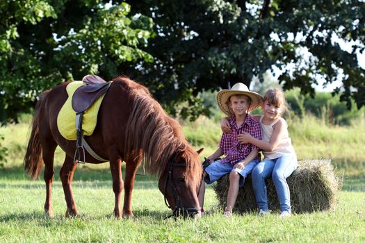 happy little girl and boy with pony horse 