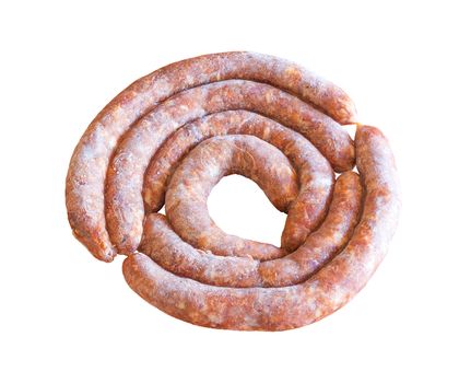 Frozen Spicy Sausages arranged in circle over White background