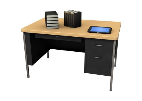 3D digital render of a desk with books and a tablet pc isolated on white background