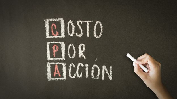 A person drawing and pointing at a Cost Per Action Chalk Illustration