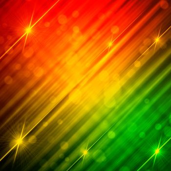 abstract red green background with shining yellow lines and stars