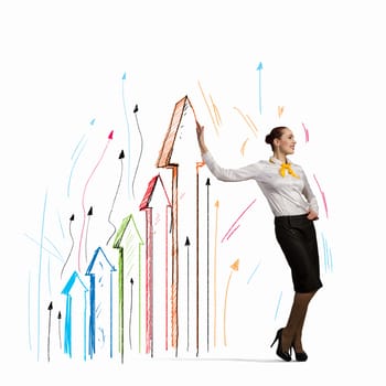 Image of businesswoman leaning on graphs and bars