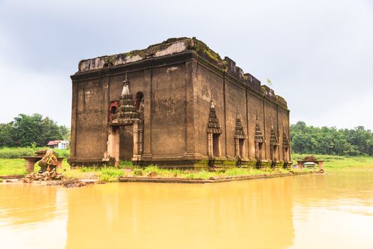 Ruin temple under water in sangklaburi, thailand