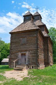 Antique Slavonic wooden church at ethnographic museum Pirogovo, Kiev, Ukraine