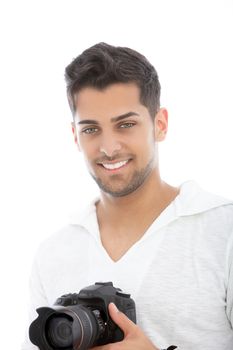 Young man with a dslr camera in his hands with a prime lens and lenshood attached as he prepares to shoot photographs professionally or as a relaxing hobby