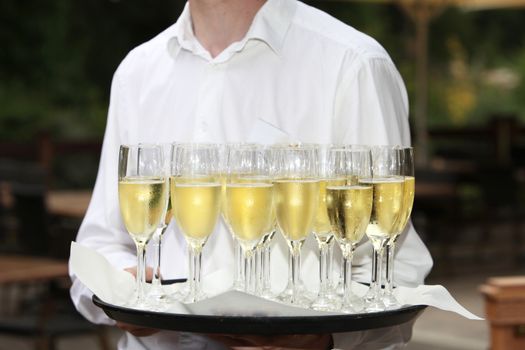 Cropped view of the torso of a waiter carrying a tray of champagne flutes full of sparkling champagne for the toasts at a wedding or event