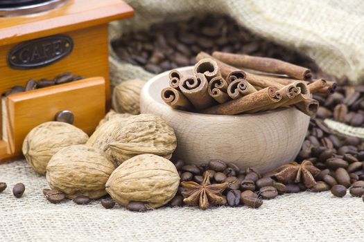 anise, cinnamon sticks, coffee beans, nuts