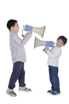 Two children yell at megaphone