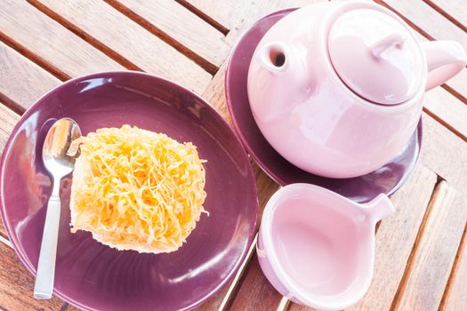 Sweet break set of hot tea and cup cake, stock photo