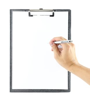 hand with pen writing on clipboard on white background (with clipping path)