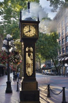 Steam Clock at Gastown Vancouver BC Canada at Eight AM in the Morning with Sunlight