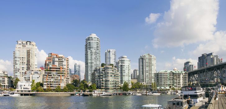Waterfront Condominium Living with Marina by Granville Island Bridge in Vancouver BC Canada Panorama