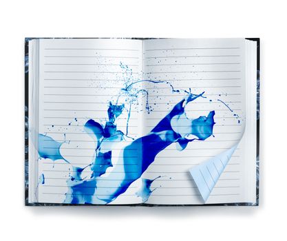 Open paper notebook with blue ink splash isolated on white background