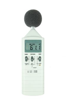 sound level meter (display show low level) on white background