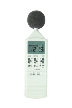 sound level meter (display show high level) on white background