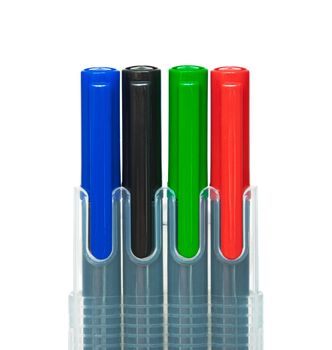 Colored pencils red, green, blue and black isolated on white background.