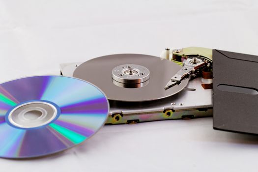 old and modern technics (floppy, cd, dvd, hdd side by side) on white background