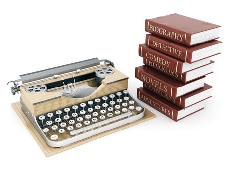 vintage typewriter and books on white background