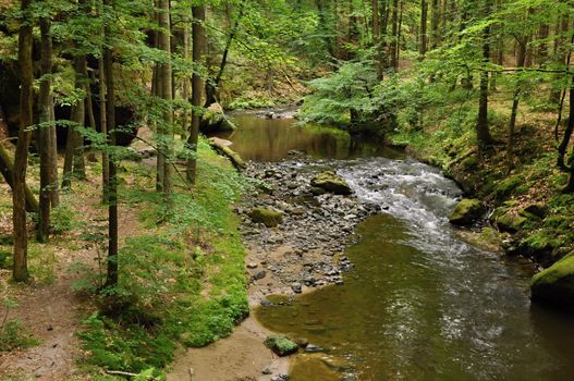 A small river flows through a wild landscape with rocks