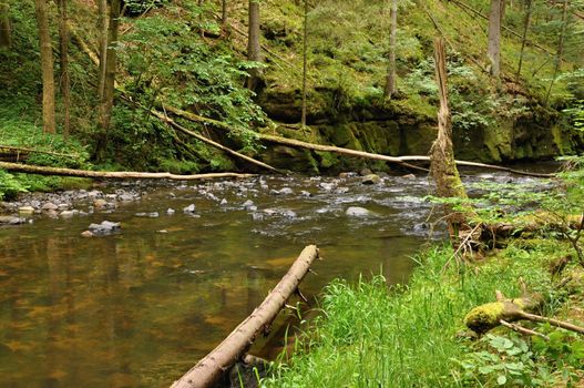 A small river flows through a wild landscape with rocks