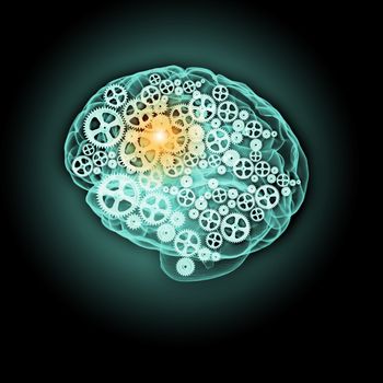 Illustration of human brain with cogwheel mechanisms