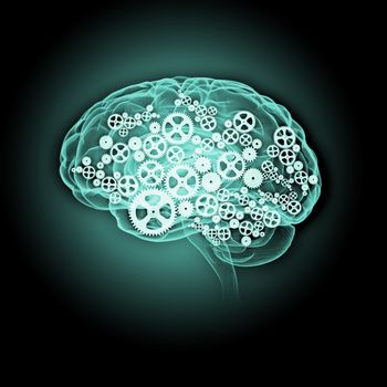 Illustration of human brain with cogwheel mechanisms