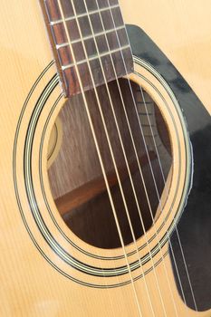 close-up of acoustic classic guitar on white background