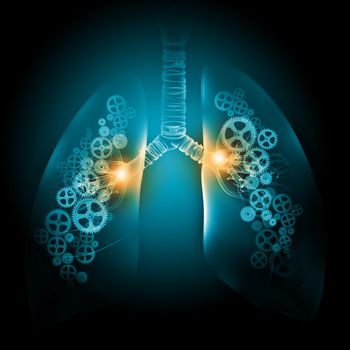 Illustration of human lungs with cog wheel mechanisms