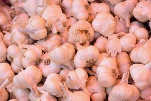 A background of pink garlic heads