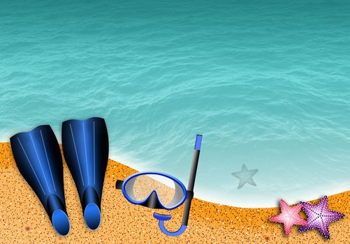fins and snorkel mask on the beach