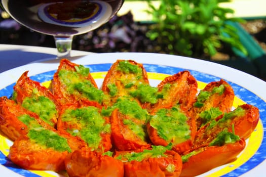 Sun-dried tomatoes with basil pesto - a popular Italian antipasto. The best tomatoes to make this dish are the San Marzano variety