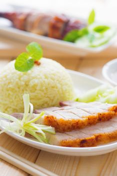 Siu Yuk or Roasted pork Chinese style, served with steamed rice. Hong Kong Chinese cuisines.