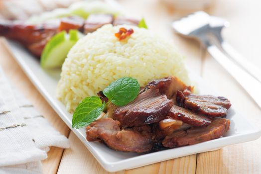 Charsiu Pork  Chinese-flavored Barbecued Pork Rice. Popular Cantonese cuisine. Hong Kong cuisine.