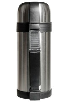 Universal metal thermos for hot and cold foods and beverages on a white background