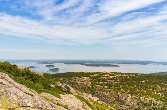 This image shows the view towards Bar Harbor from Cadillac Mountain in Acadia National Park.