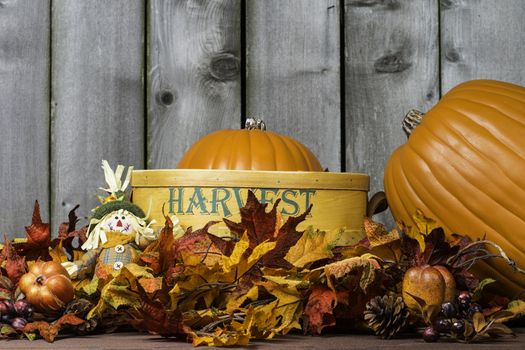 Pumpkin scene surrounded by fall colored leaves.