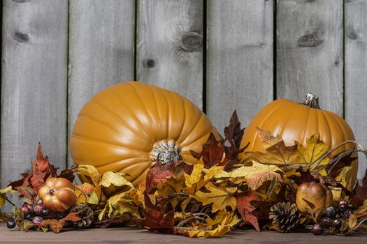 Pumpkin scene surrounded by fall colored leaves.